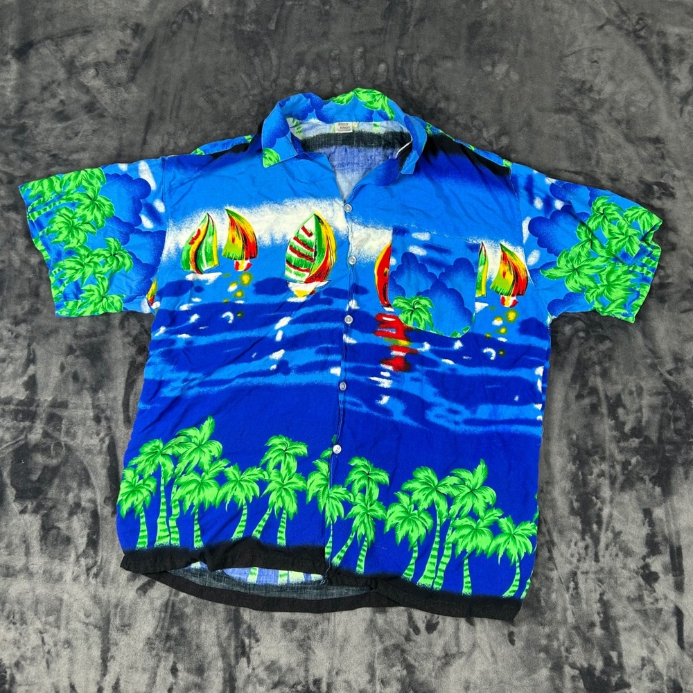 Koko Knot Hawaiian Shirt Mens XL Blue Sailboat Palm Tree Tropical Button Up